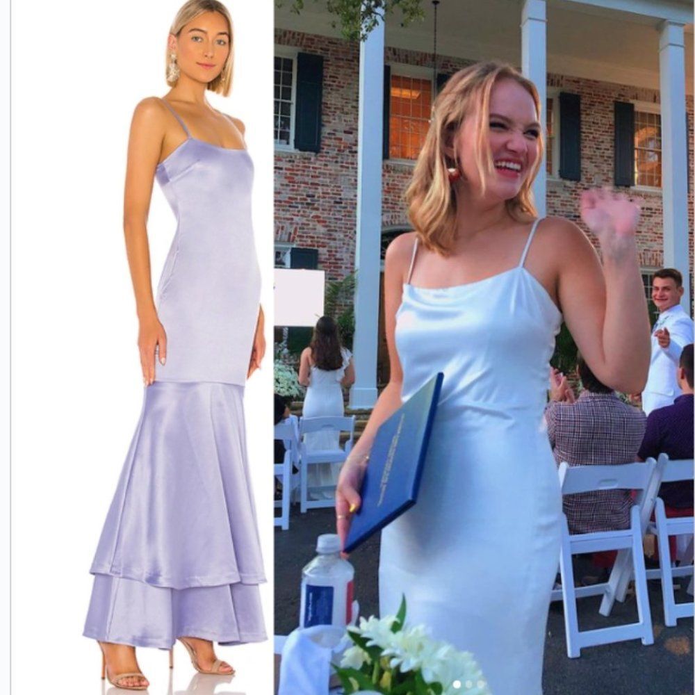 New Likely Aurora Gown Spaghetti Strap Tiered Maxi Dress in Periwinkle Blue 12